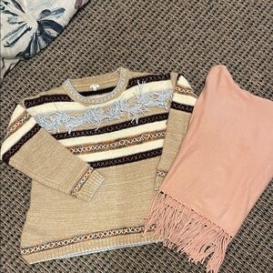 Kerisma Beige Striped Fringe Crewneck Sweater with Pink Fringe Sweater